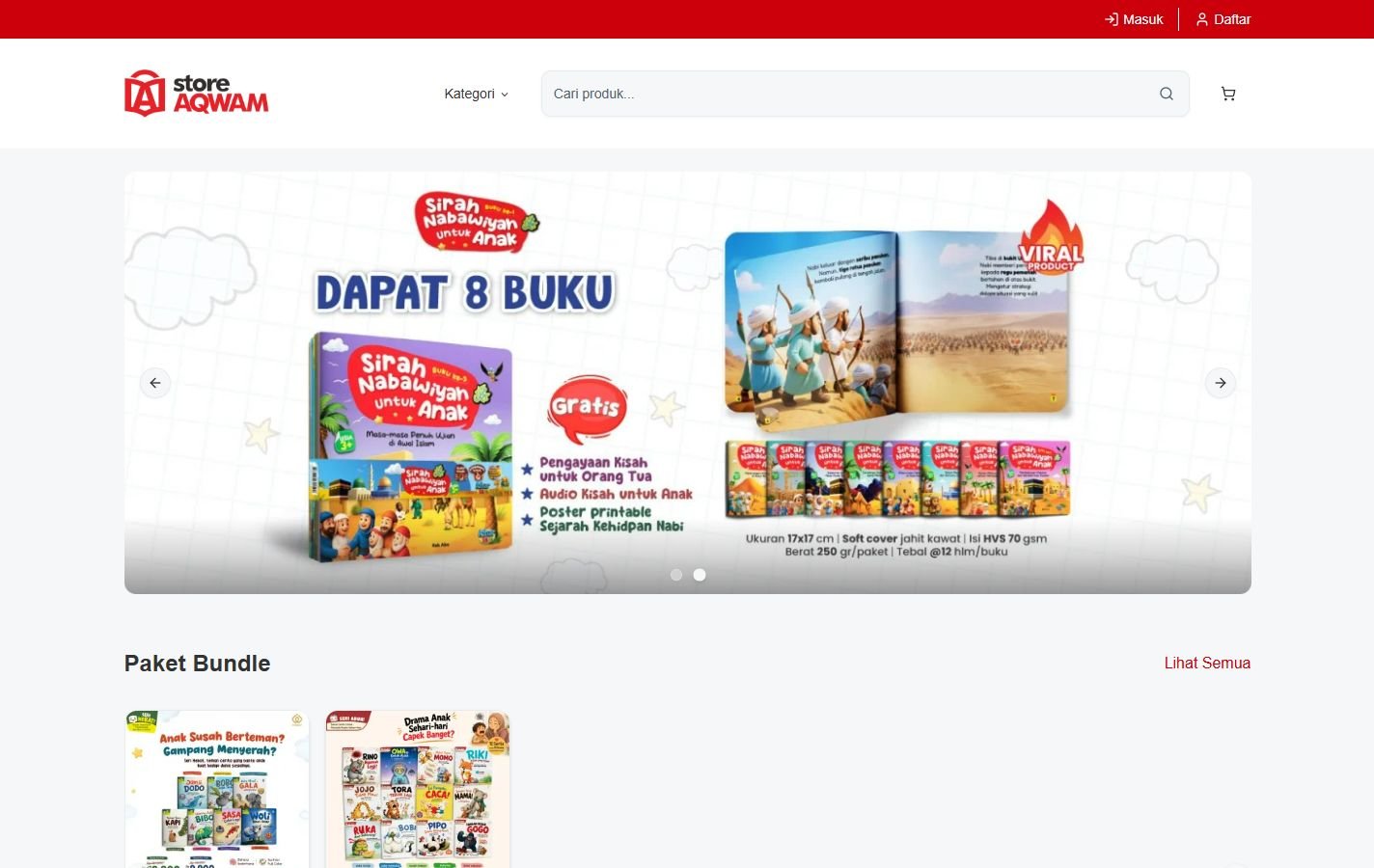 Halaman depan toko Aqwam dengan spanduk promo dan deretan paket bundling