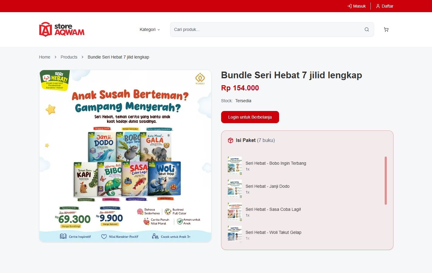 Halaman satu produk: harga, stok, dan rincian isi paket
