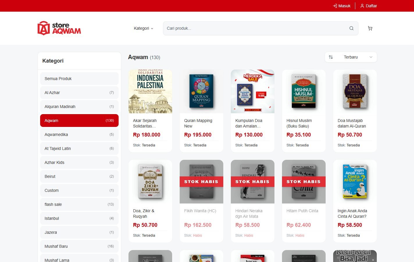 Daftar produk per kategori, lengkap dengan harga dan penanda stok habis
