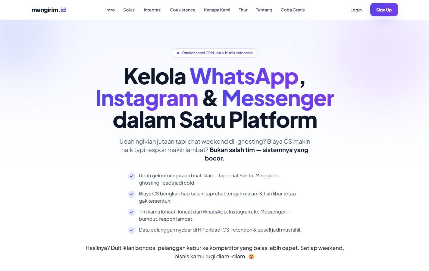 Halaman depan mengirim.id: kelola WhatsApp, Instagram, dan Messenger dalam satu tempat