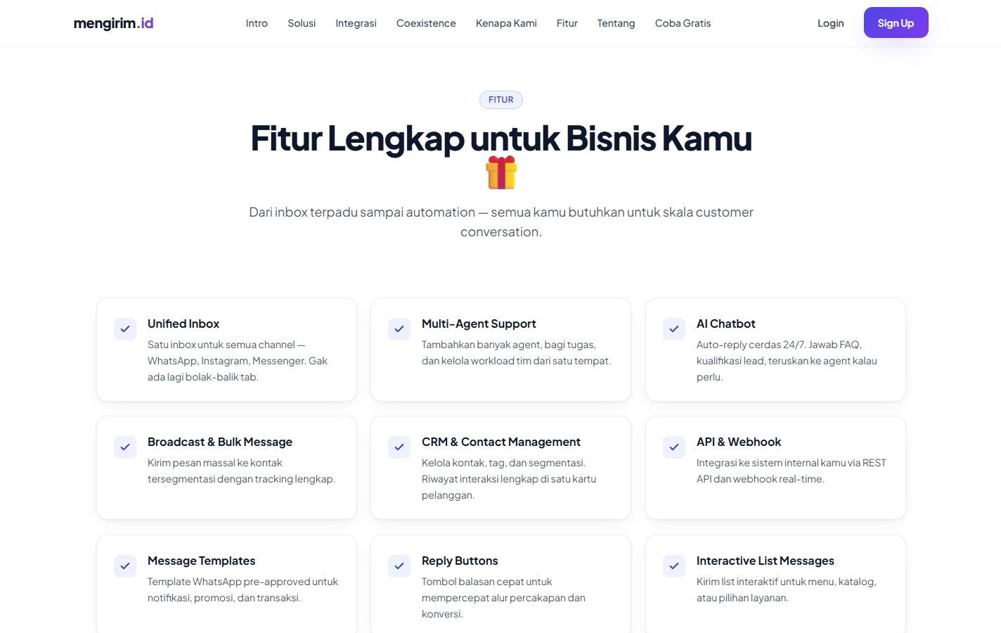 Daftar fitur: satu kotak masuk, banyak staf, balasan otomatis, pesan massal, dan kartu pelanggan
