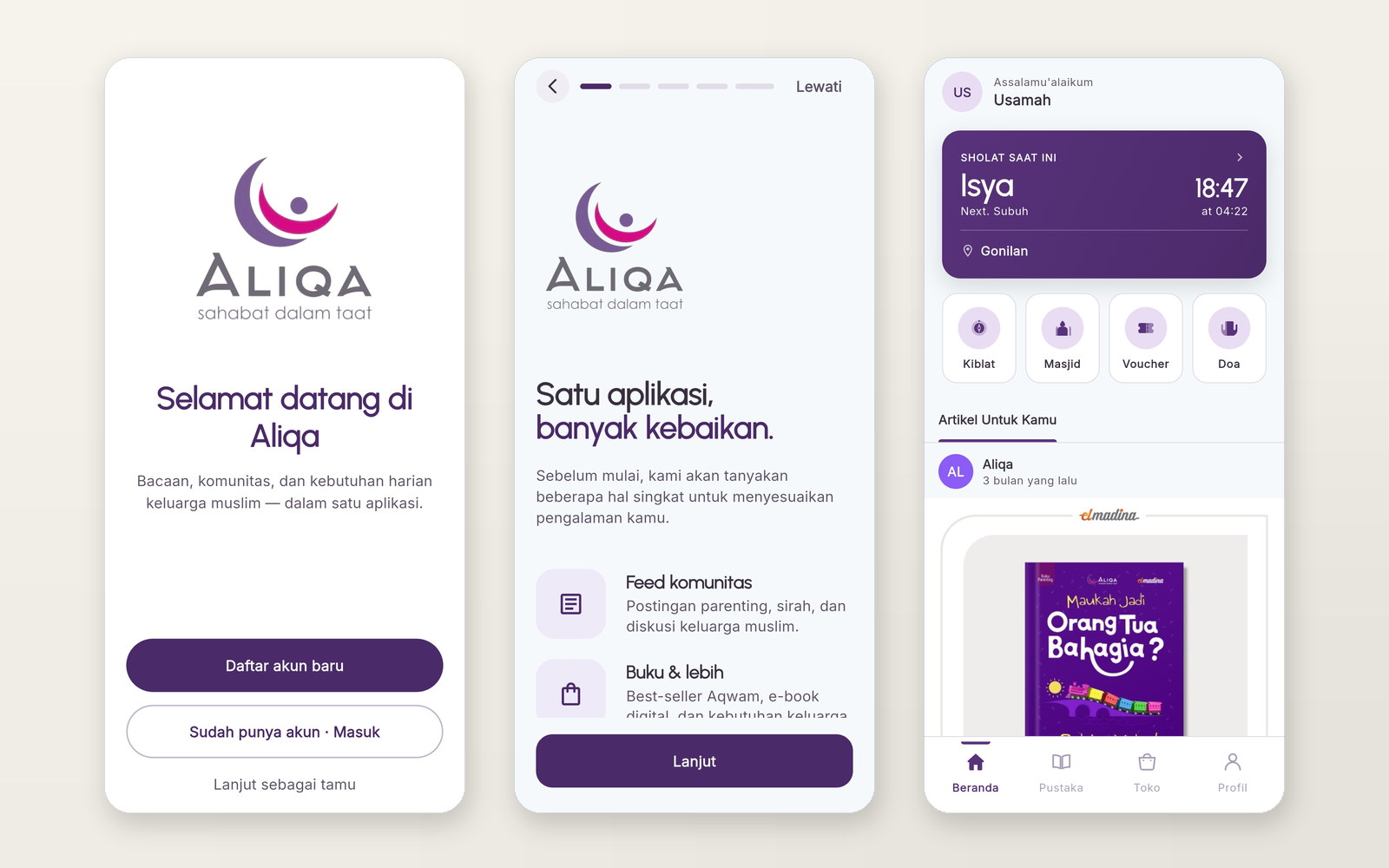 Tiga layar ponsel: halaman selamat datang, perkenalan isi aplikasi, dan beranda dengan jadwal salat
