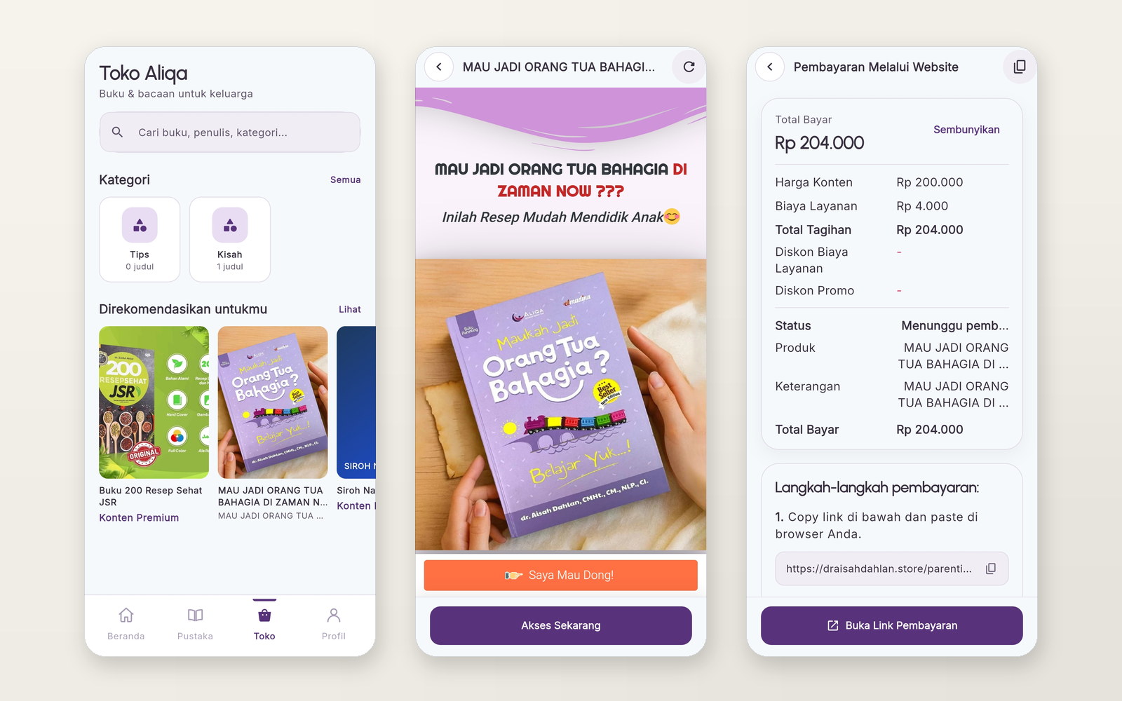 Tiga layar ponsel: toko buku, halaman jualan satu buku, dan rincian tagihan sebelum bayar