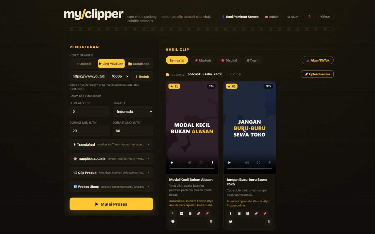 Kolom untuk menempel tautan YouTube beserta pilihan kualitas unduhan
