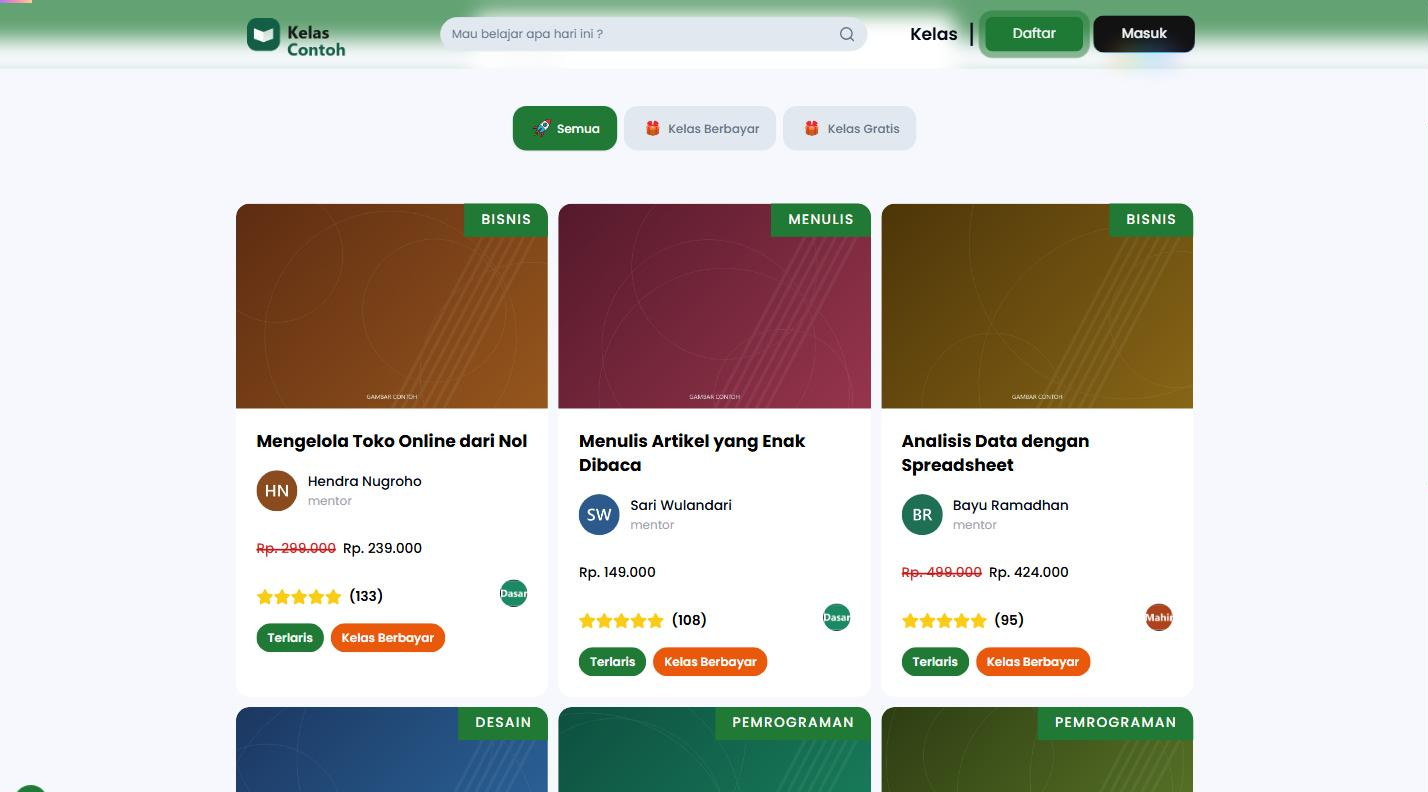 Daftar kelas berbentuk kartu, ada saringan berbayar atau gratis, harga coret, dan bintang ulasan
