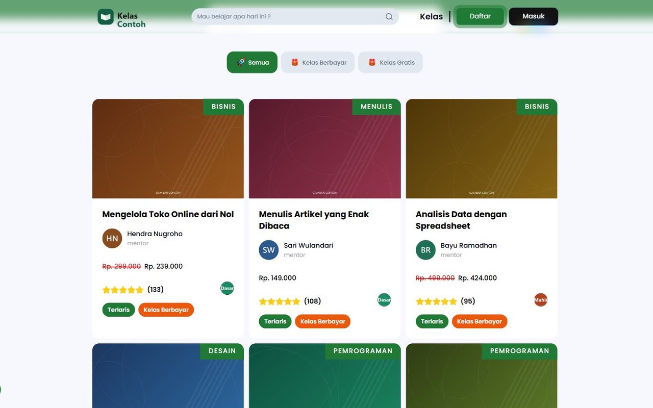 Daftar kelas dengan saringan berbayar/gratis, harga coret, bintang ulasan, dan nama pengajar