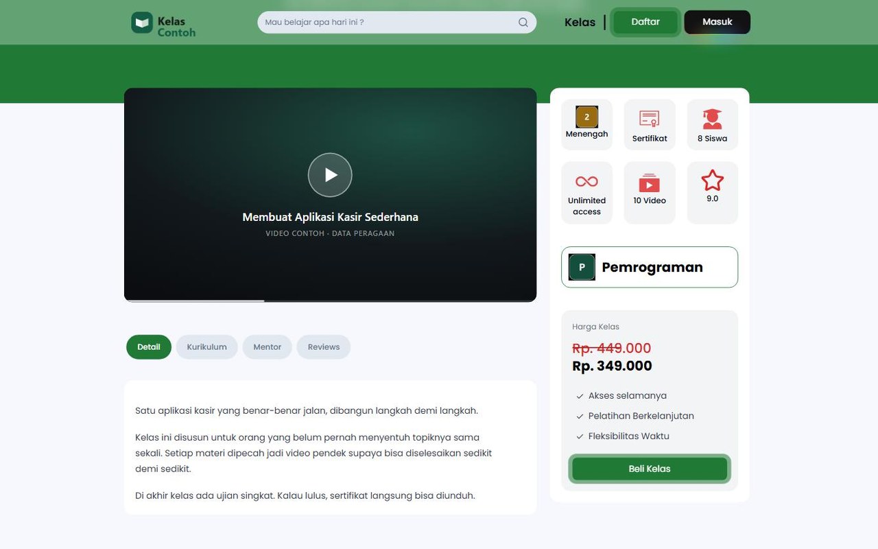Halaman satu kelas dengan video pengantar, jumlah video, harga setelah potongan, dan tombol beli