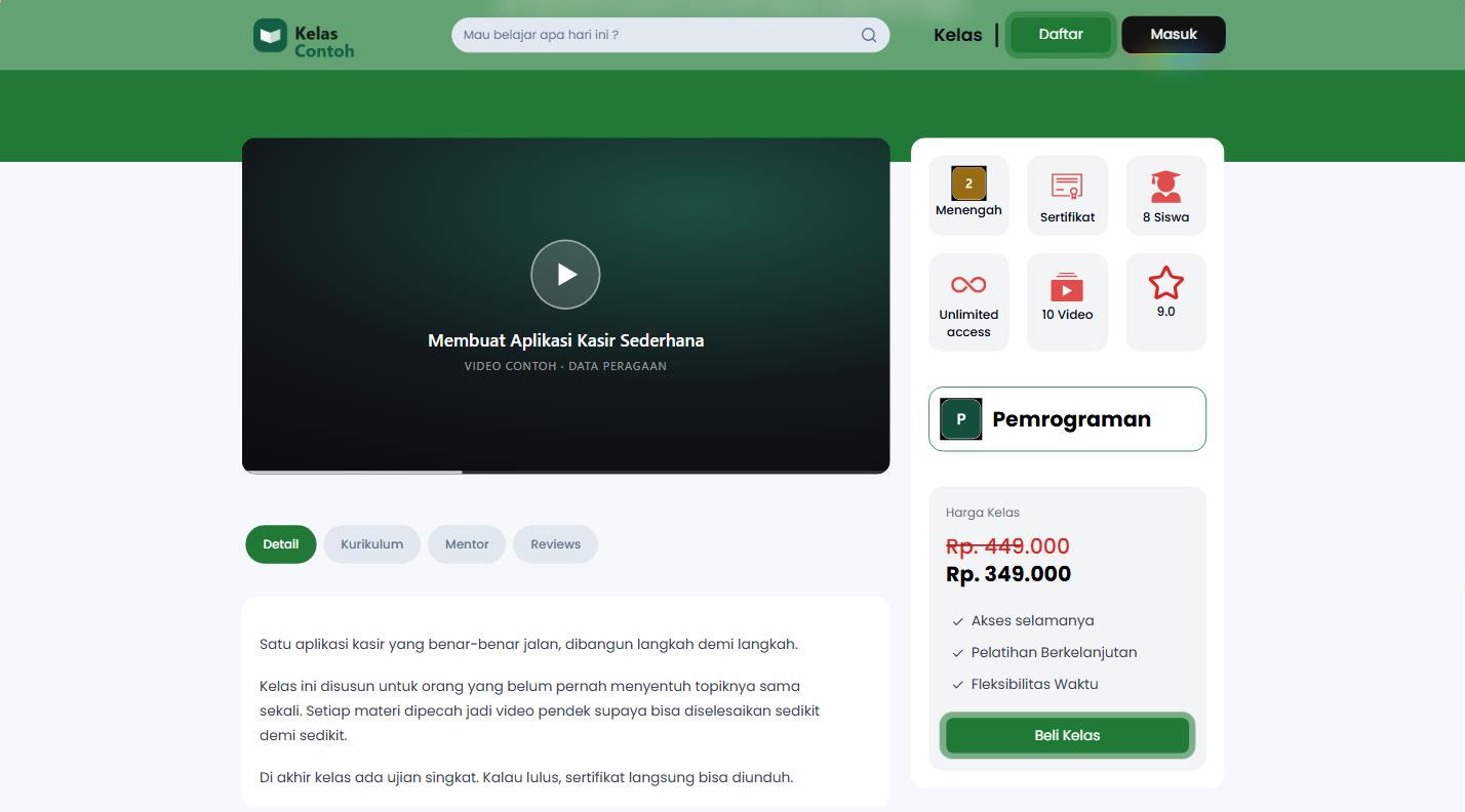 Halaman satu kelas dengan video pengantar, jumlah video, harga setelah potongan, dan tombol beli