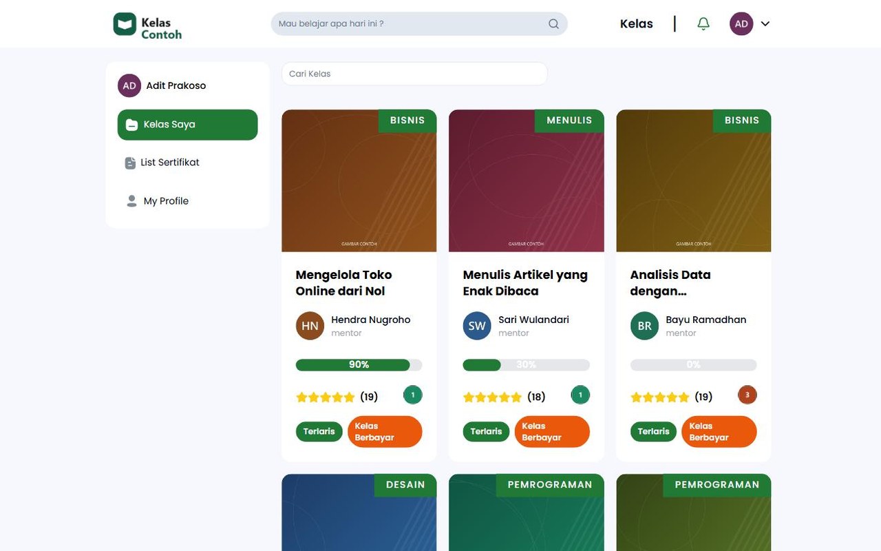 Halaman Kelas Saya berisi kartu tiap kelas dengan batang kemajuan belajar