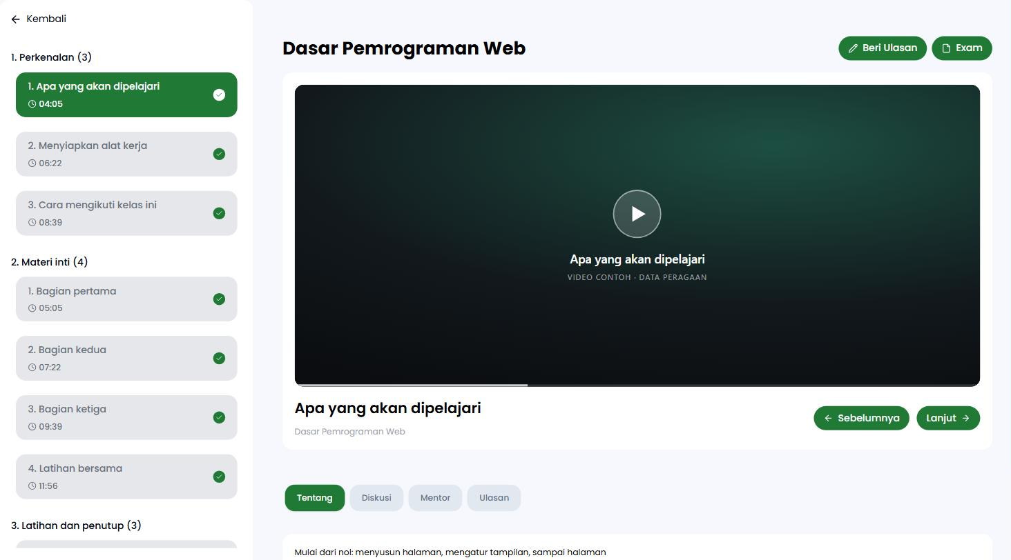 Ruang belajar dengan daftar materi bertanda sudah ditonton di kiri dan pemutar video di kanan