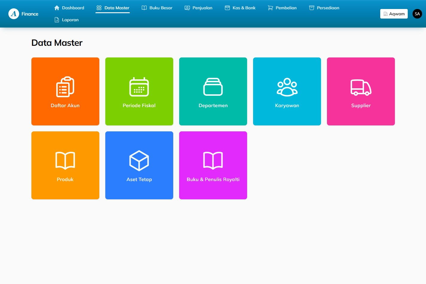 Menu data master: akun, periode, pajak, sampai royalti