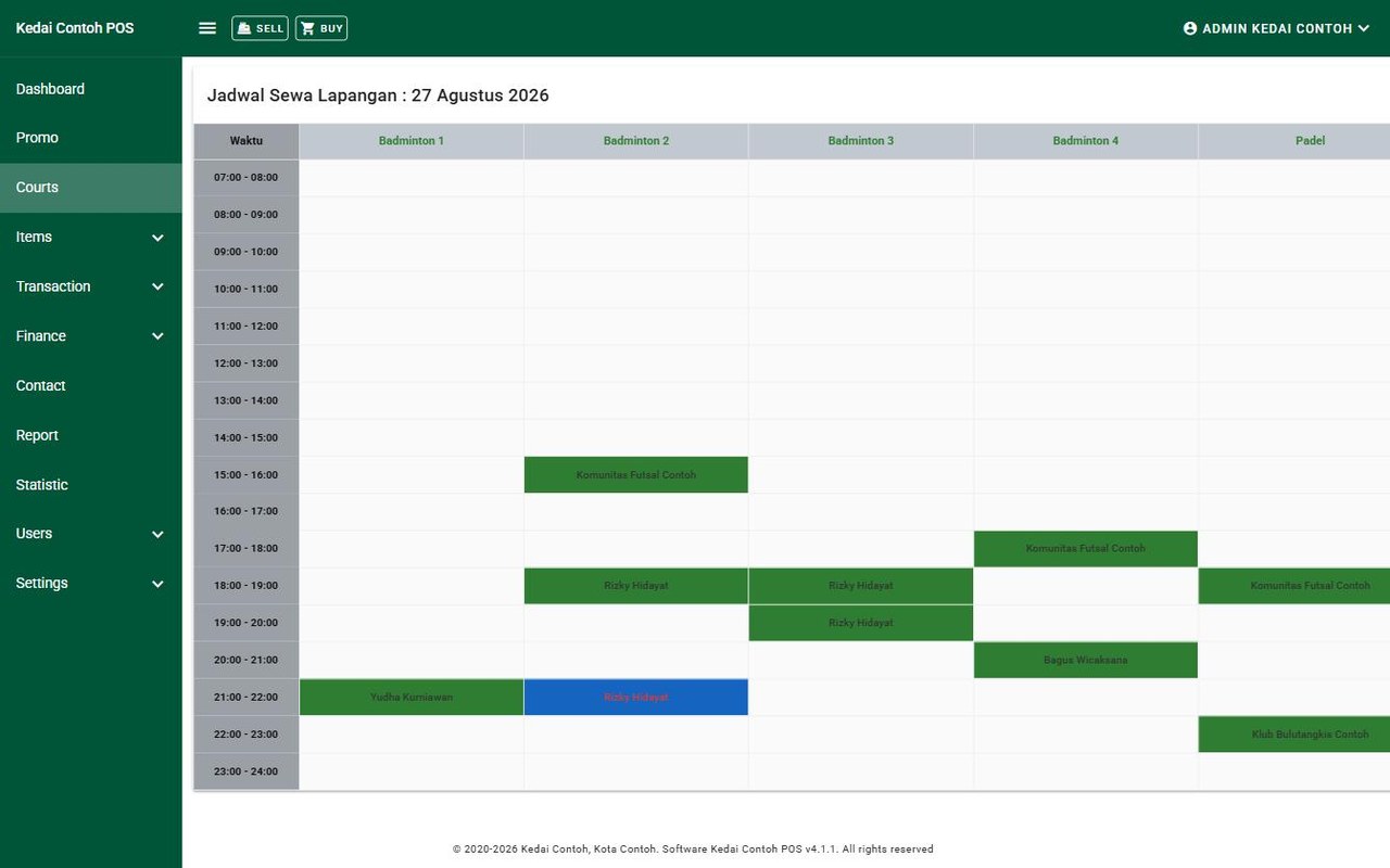Jadwal sewa lapangan per jam untuk lima lapangan dalam satu hari