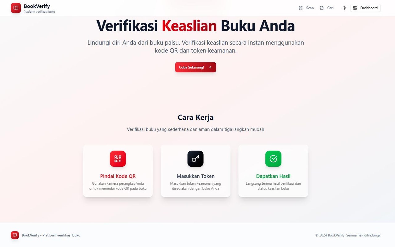 Halaman depan pemeriksaan keaslian buku dengan tiga langkah: pindai QR, masukkan token, lihat hasil