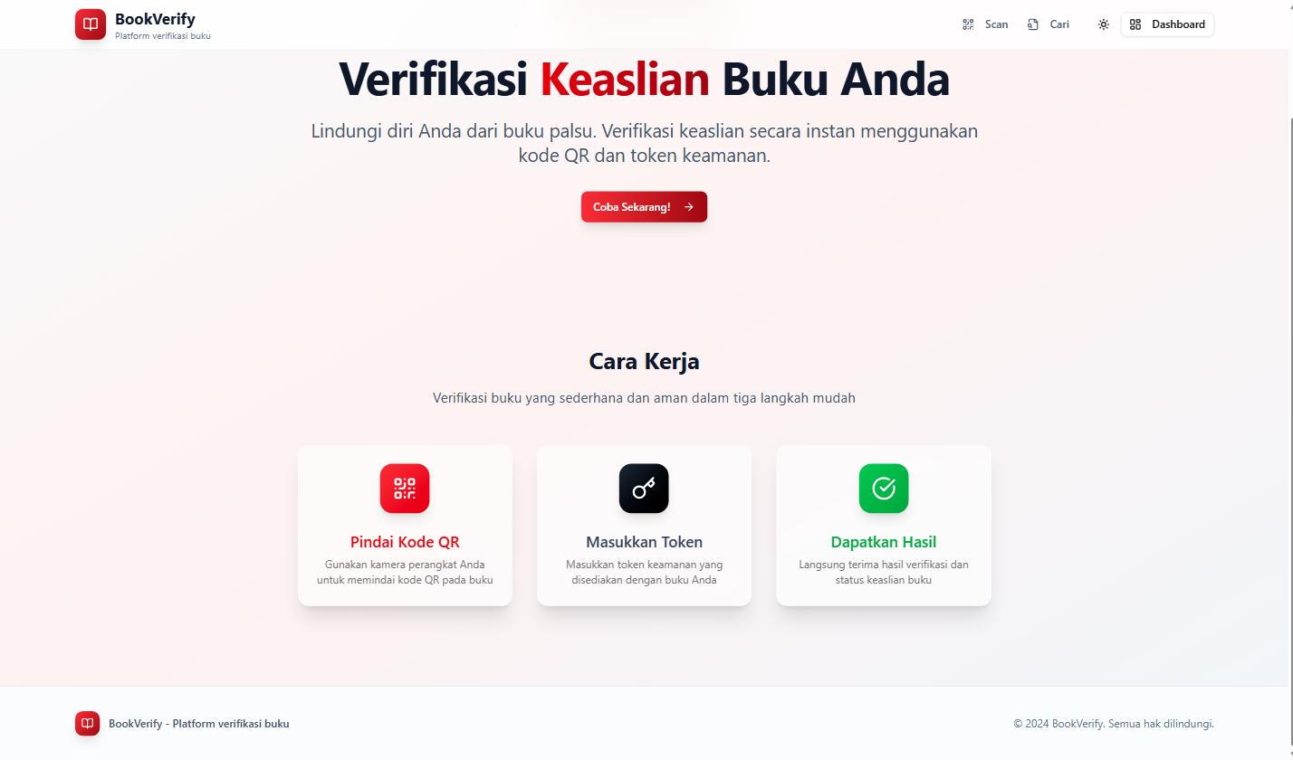 Halaman depan pemeriksaan keaslian buku dengan tiga langkah: pindai QR, masukkan token, lihat hasil