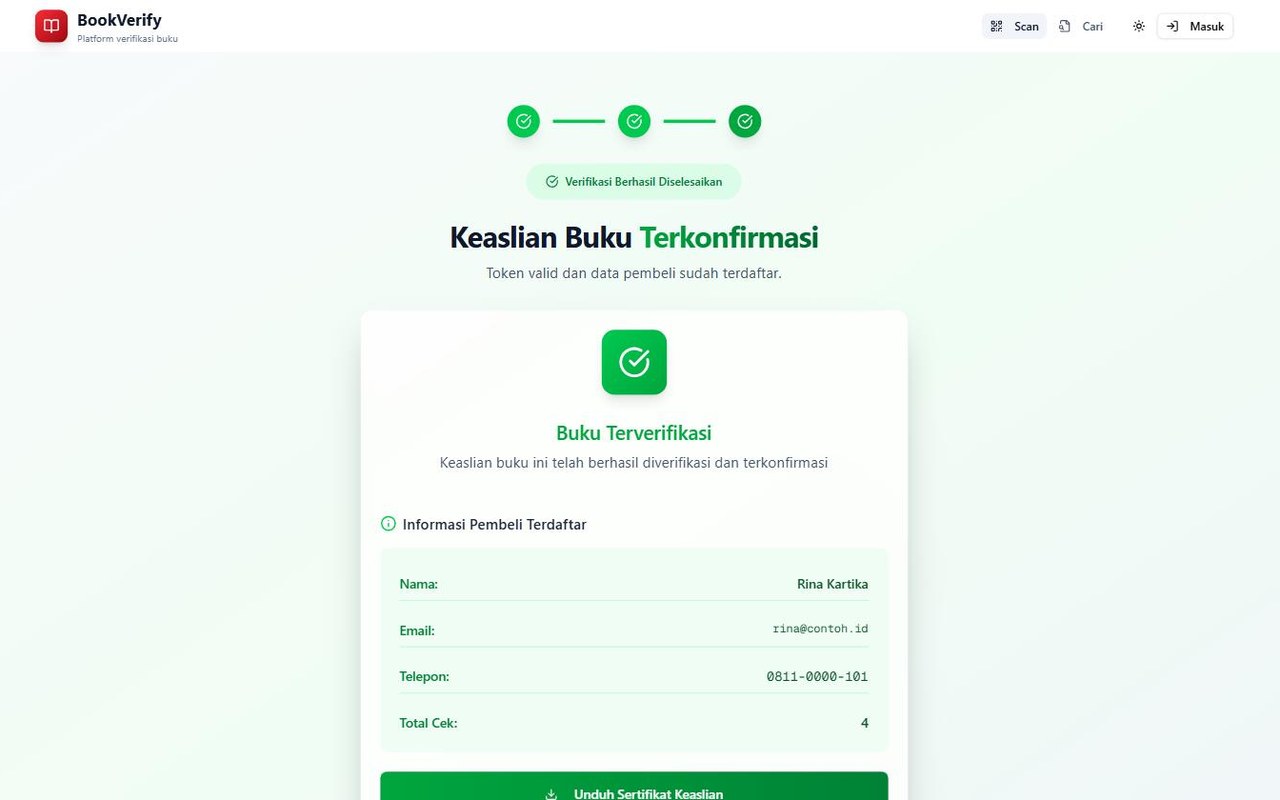 Halaman hasil menyatakan buku asli, lengkap dengan nama dan kontak pemilik terdaftar