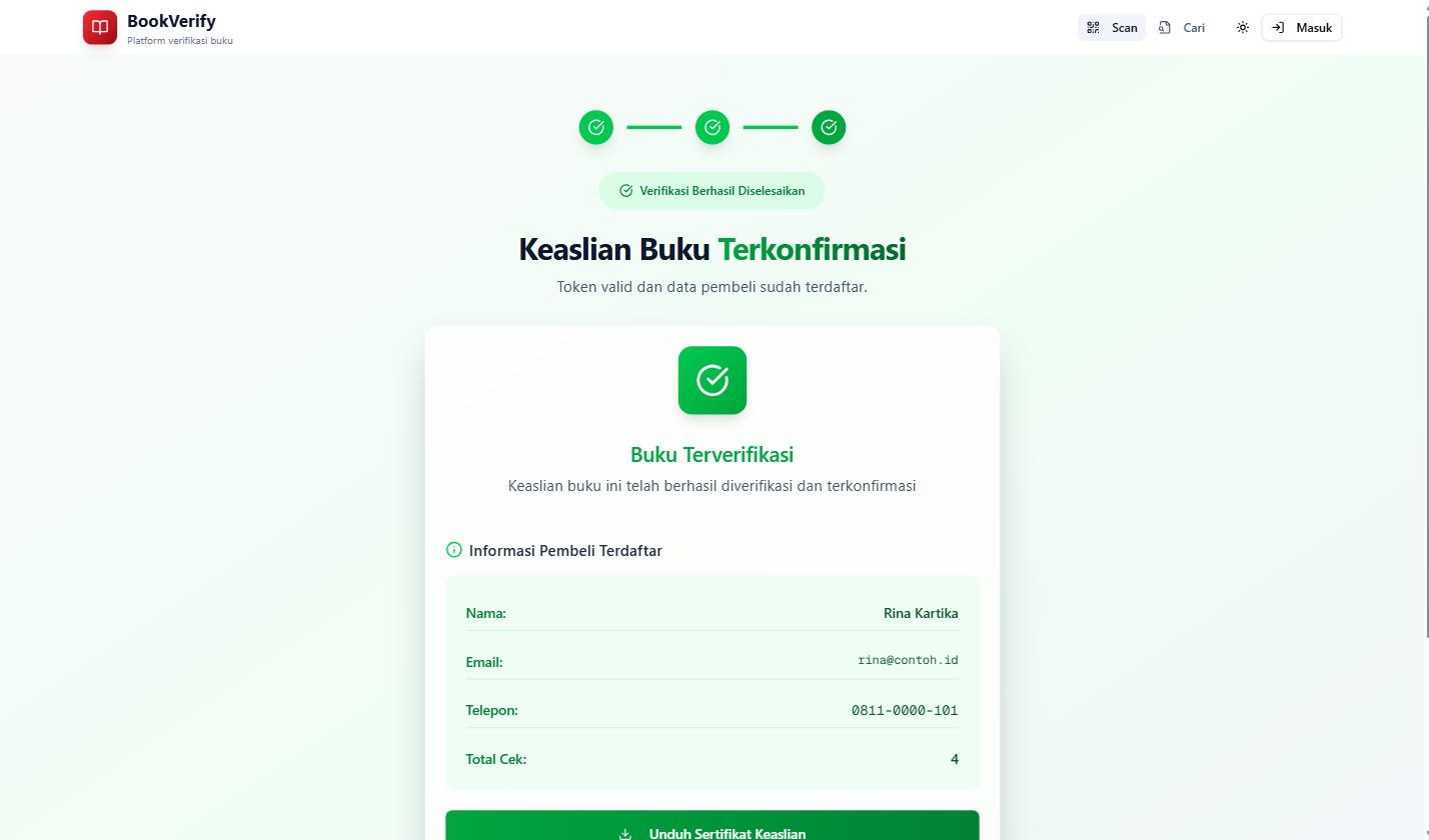 Halaman hasil menyatakan buku asli, lengkap dengan nama dan kontak pemilik terdaftar