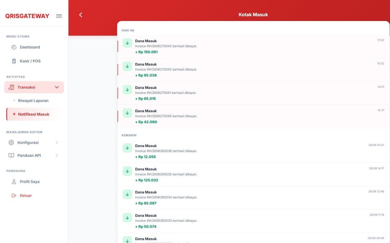 Kotak masuk berisi daftar pembayaran yang sudah diterima beserta nomor tagihannya