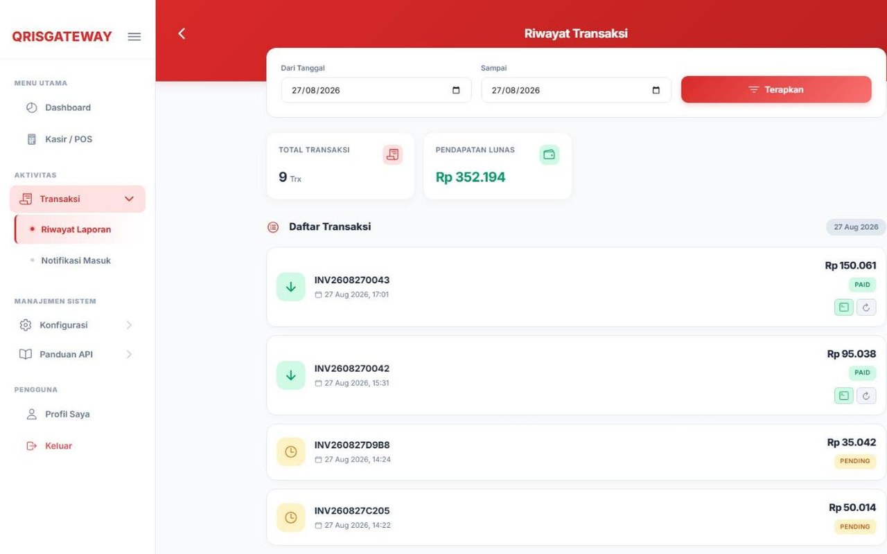Riwayat transaksi yang bisa disaring per tanggal beserta total pendapatan lunas